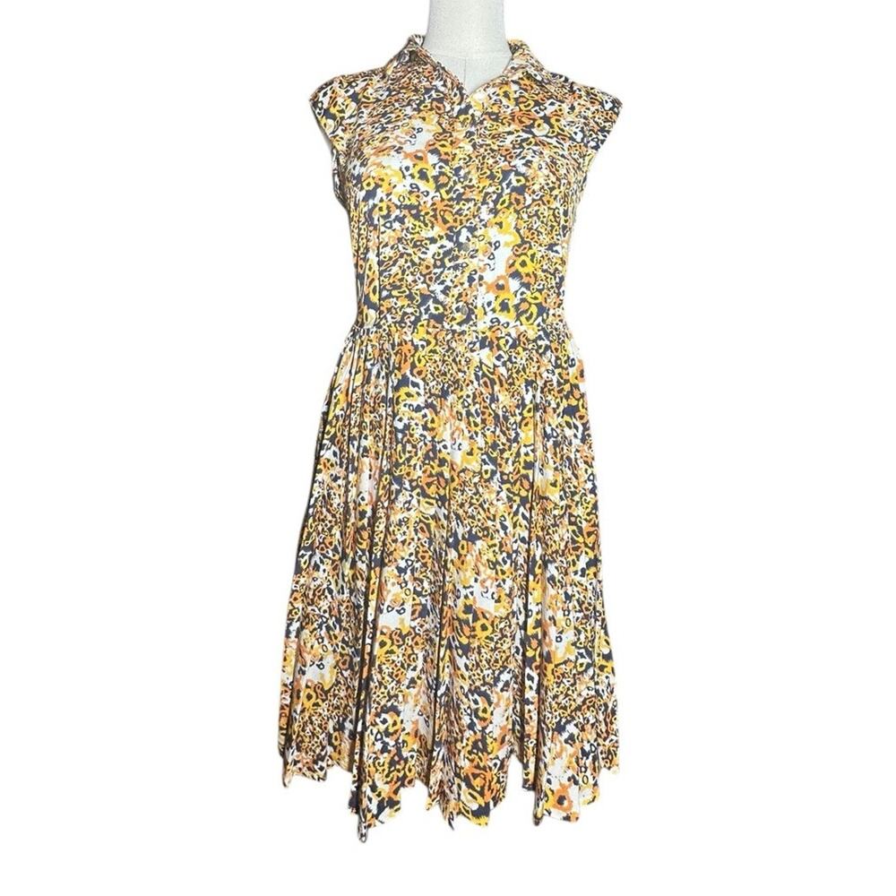 Womens‎ Sleeveless Yellow Cheetah Animal Print Pleated Wanda Shirt Dress Size S